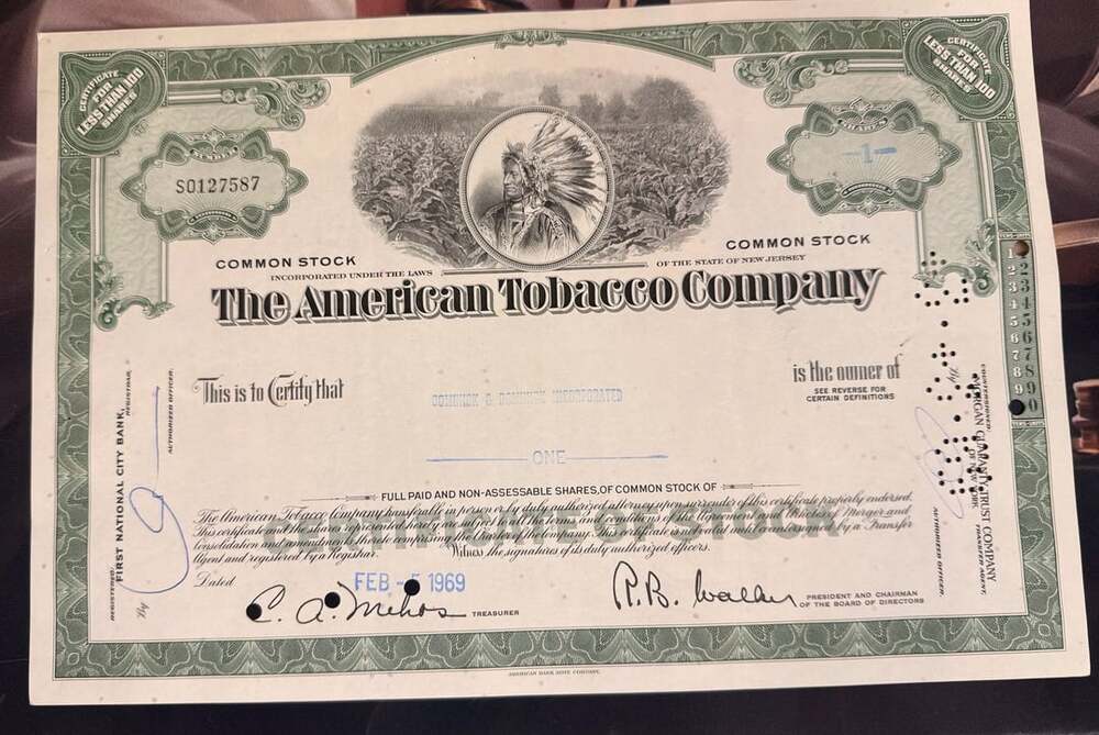 Vintage 1960’s The American Tobacco Company Common Stock Certificate